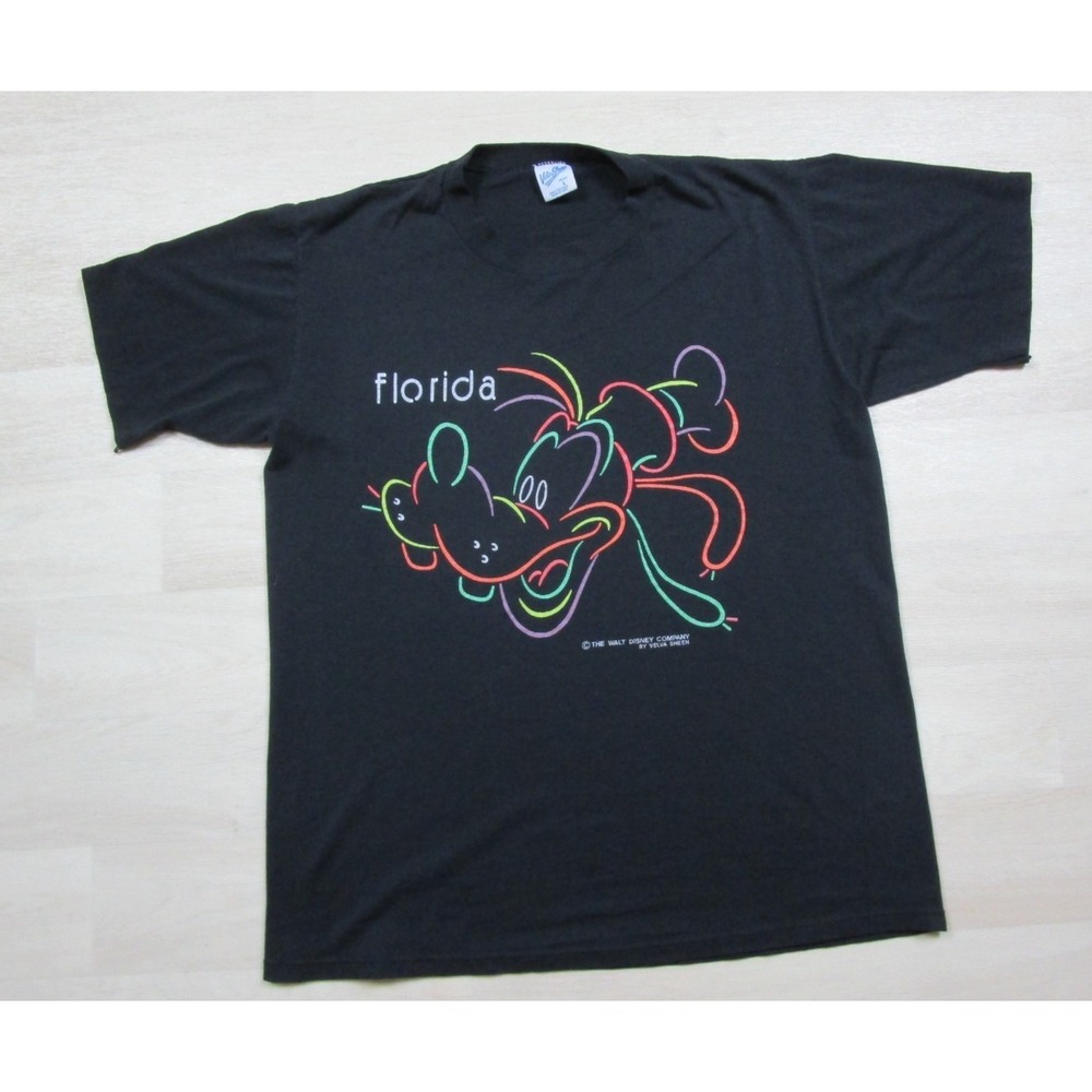 Vintage 80's Disney Goofy T Shirt (L) Single Stitch Florida Velva Sheen Neon